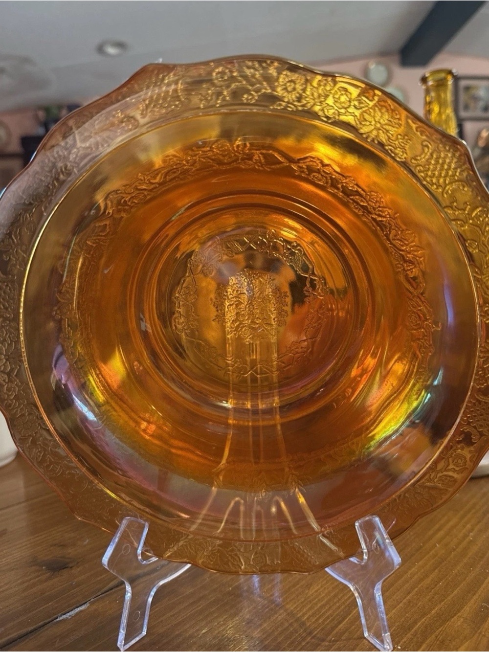 Vintage Iridescent Amber Carnival Glass Decorative Bowl